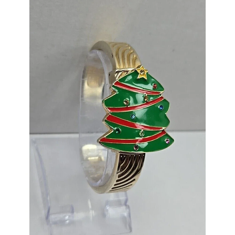 Arm Candy Christmas Tree Ladies Cuff Watch Quartz Gold Tone New Battery Xmas Fun